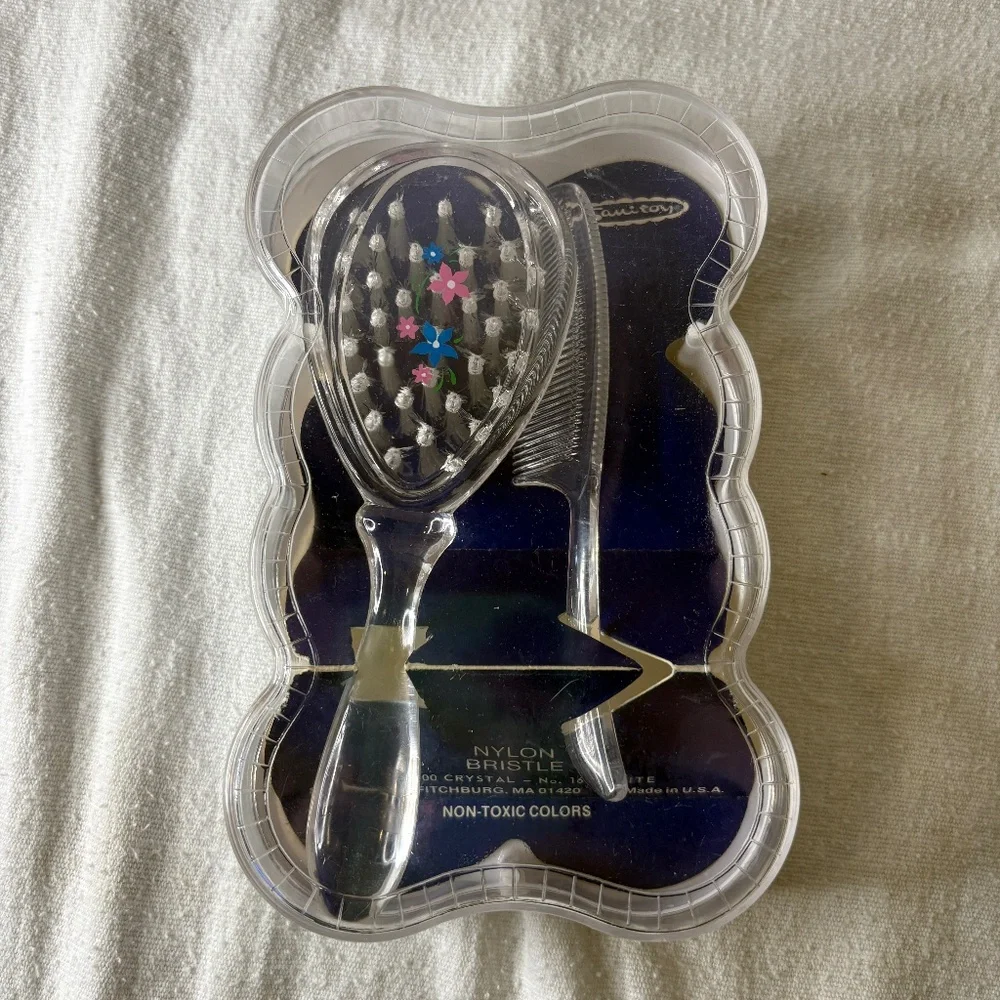Vtg Sanitoy Childs Hairbrush & Comb Set Clear Pink/Blue Flower Orig Plastic Case